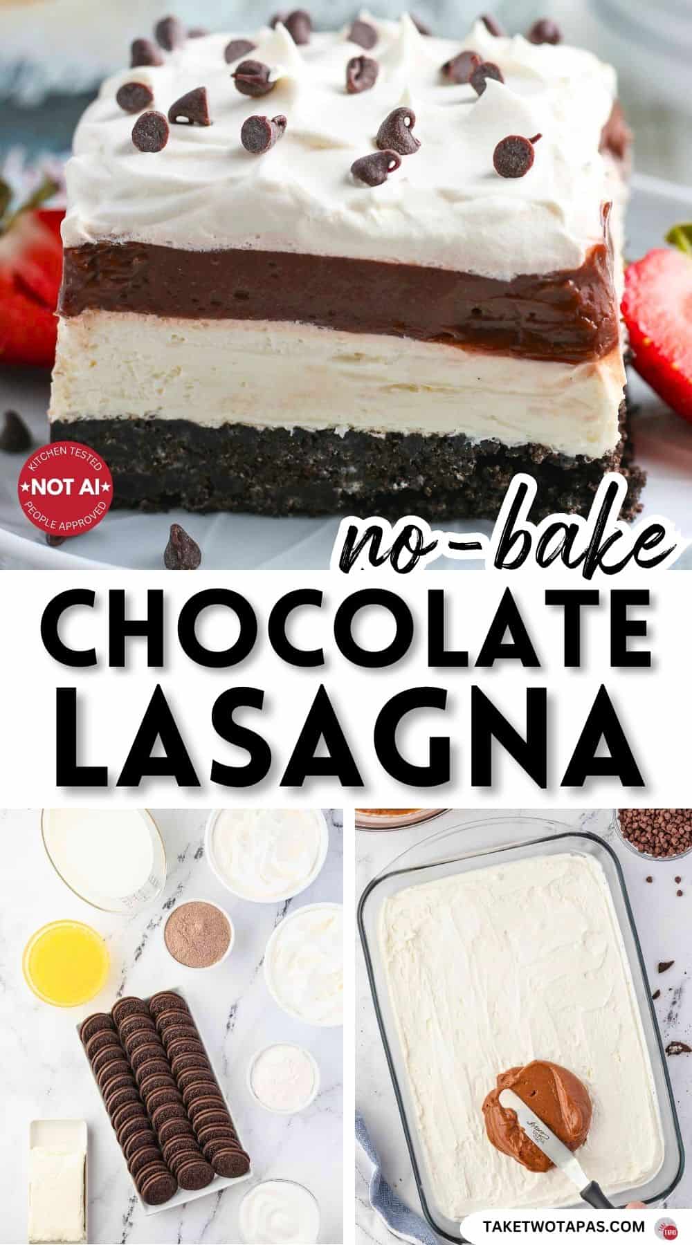 Pinterest pin image for a no bake chocolate lasagna dessert recipe