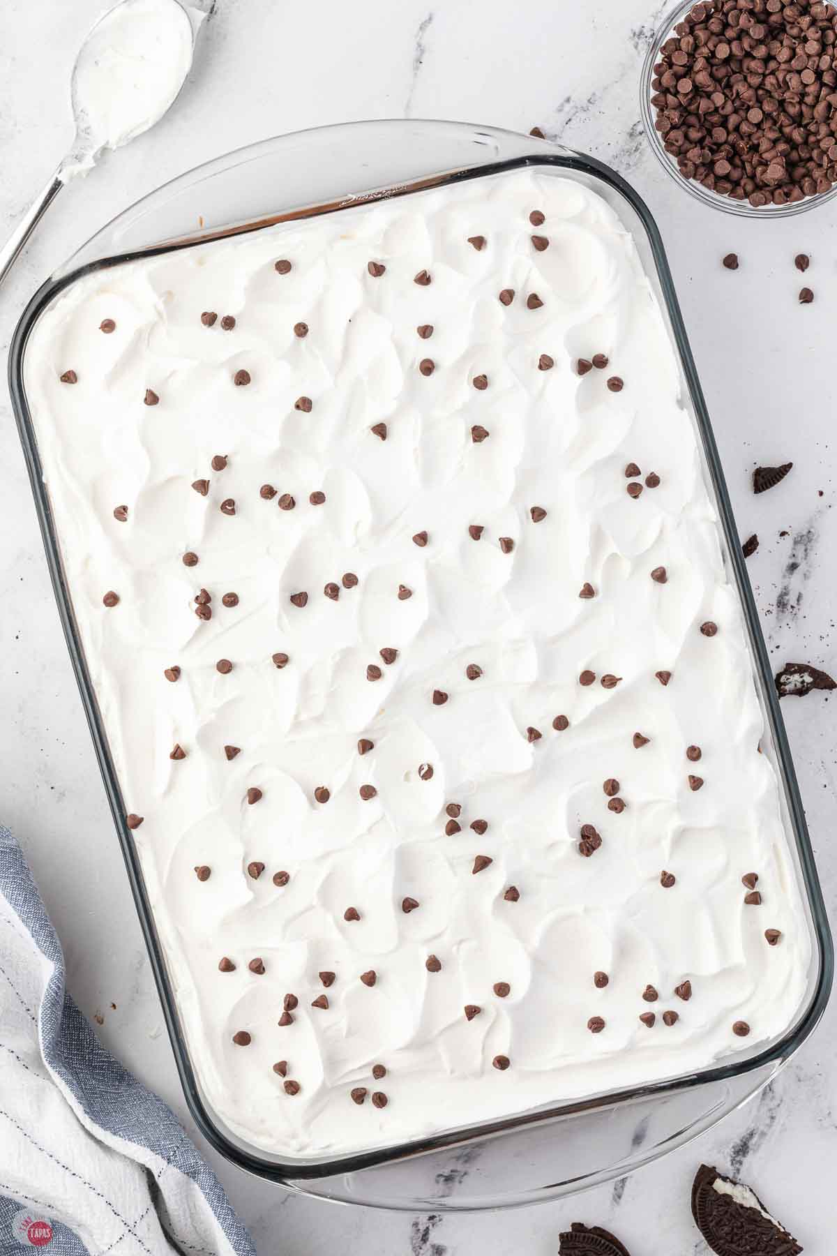 no bake chocolate lasagna in a clear baking dish