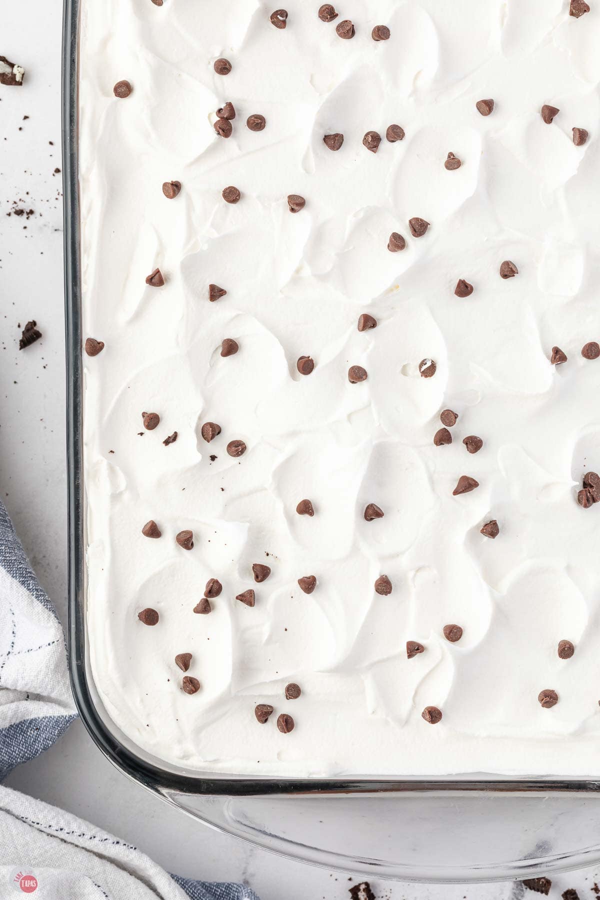 close up of no-bake dessert with mini chocolate chips on top