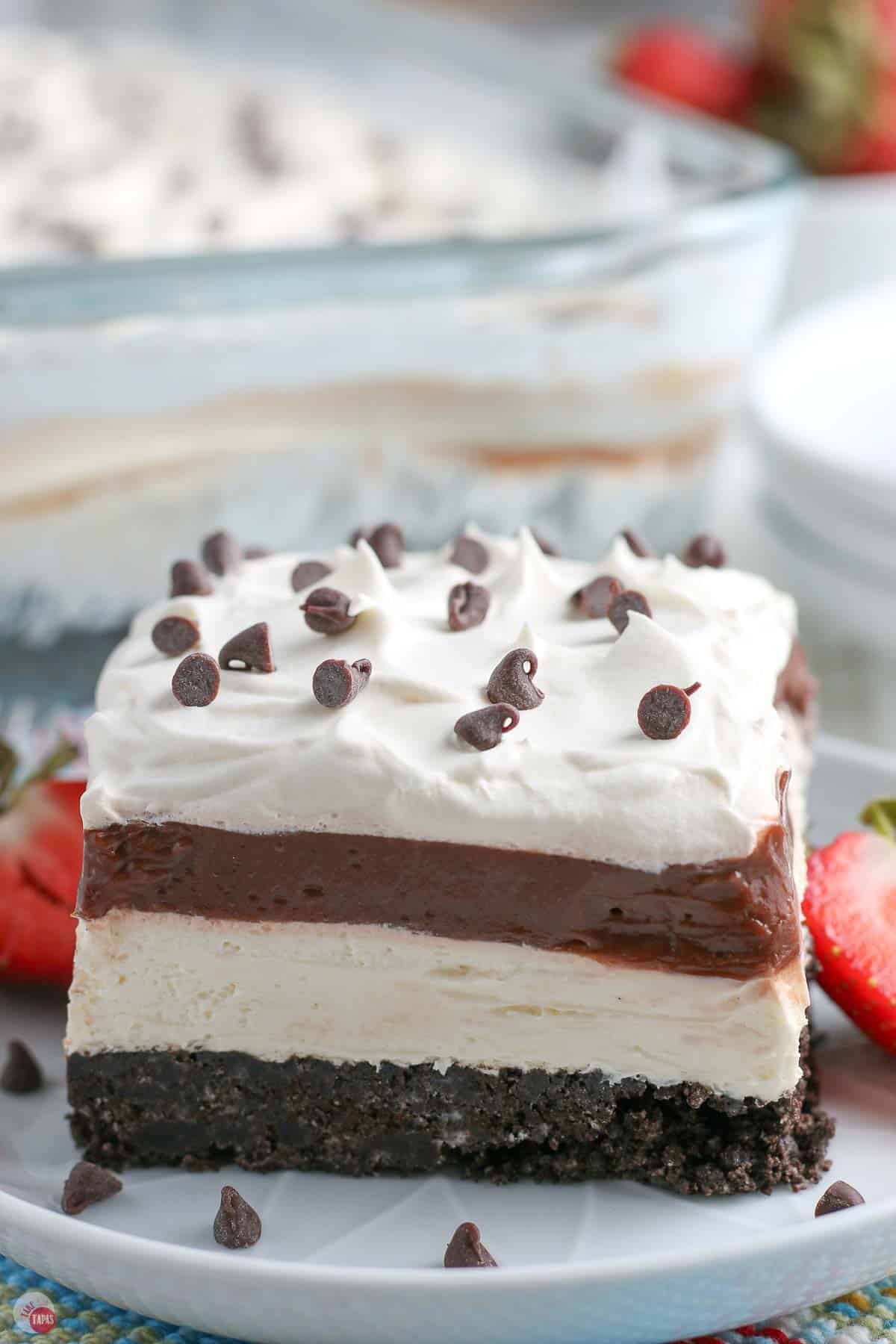 slice of no bake chocolate lasagna on a plate
