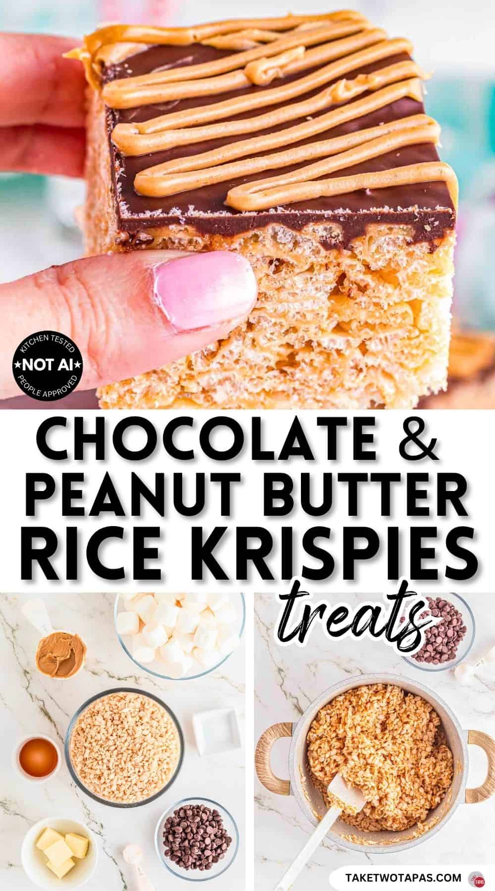 Pinterest pin image for a chocolate peanut butter rice krispies treats recipe