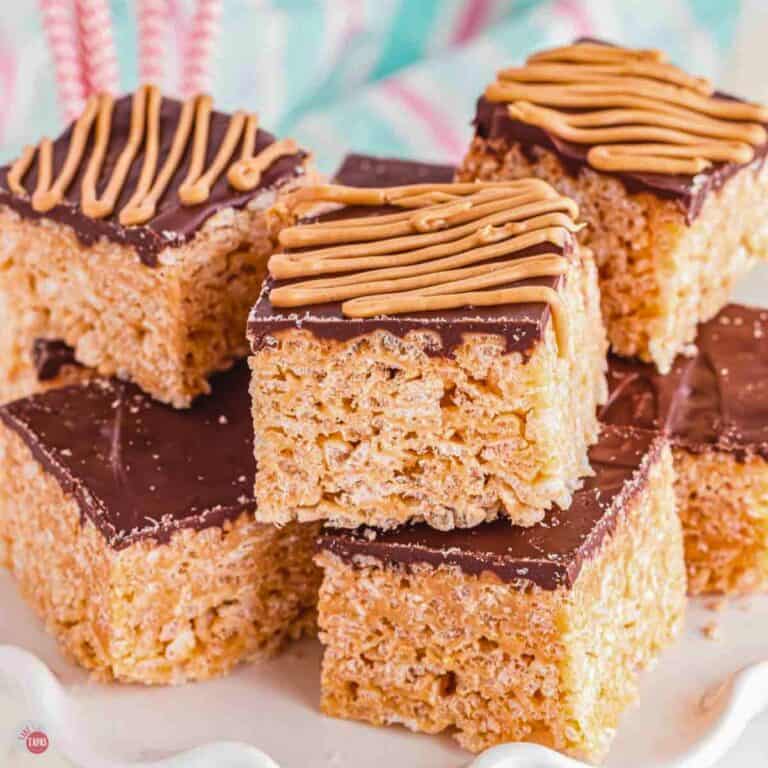 stack of rice krispie treats topped with chocolate