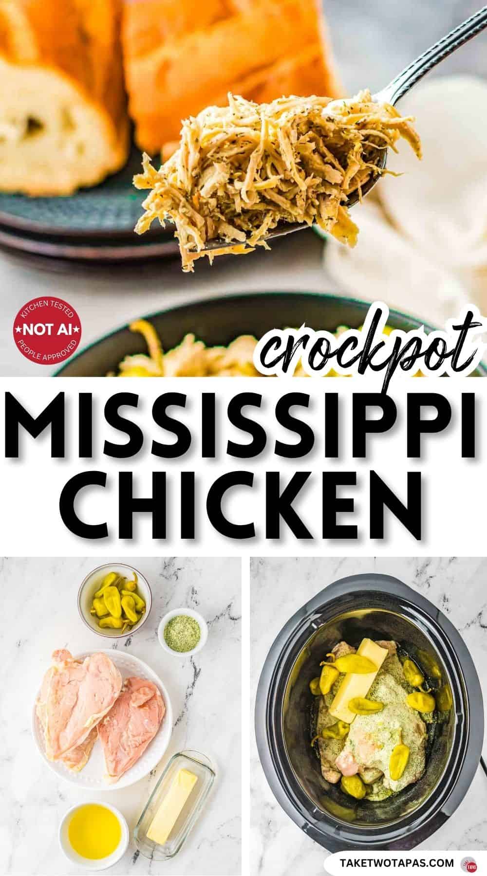 Pinterest pin image for a crockpot Mississippi chicken recipe