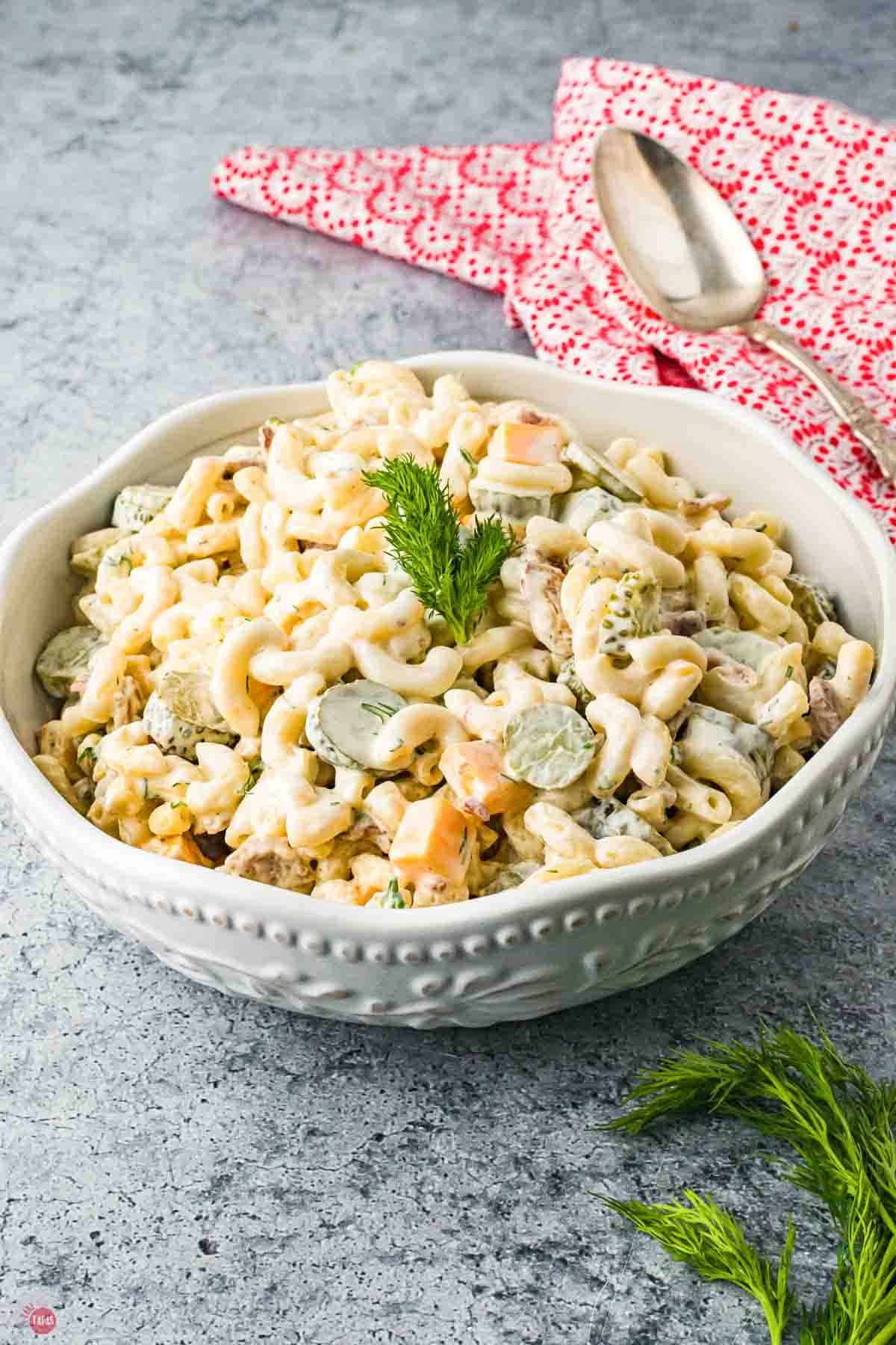 bowl of dill pickle pasta salad