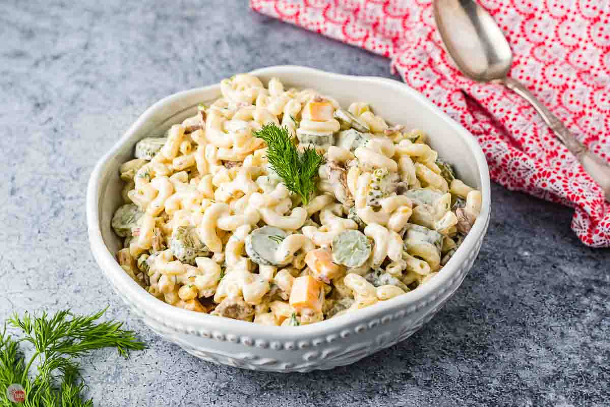 bowl of dill pickle pasta salad