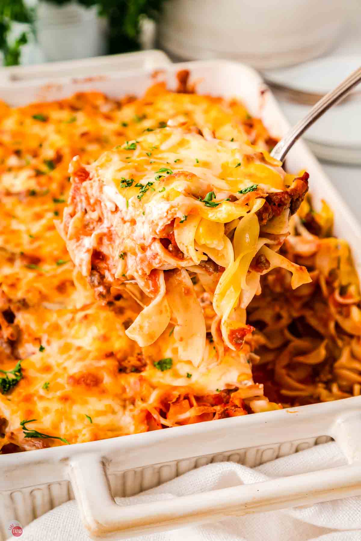 scoop of casserole with egg noodles and sauce