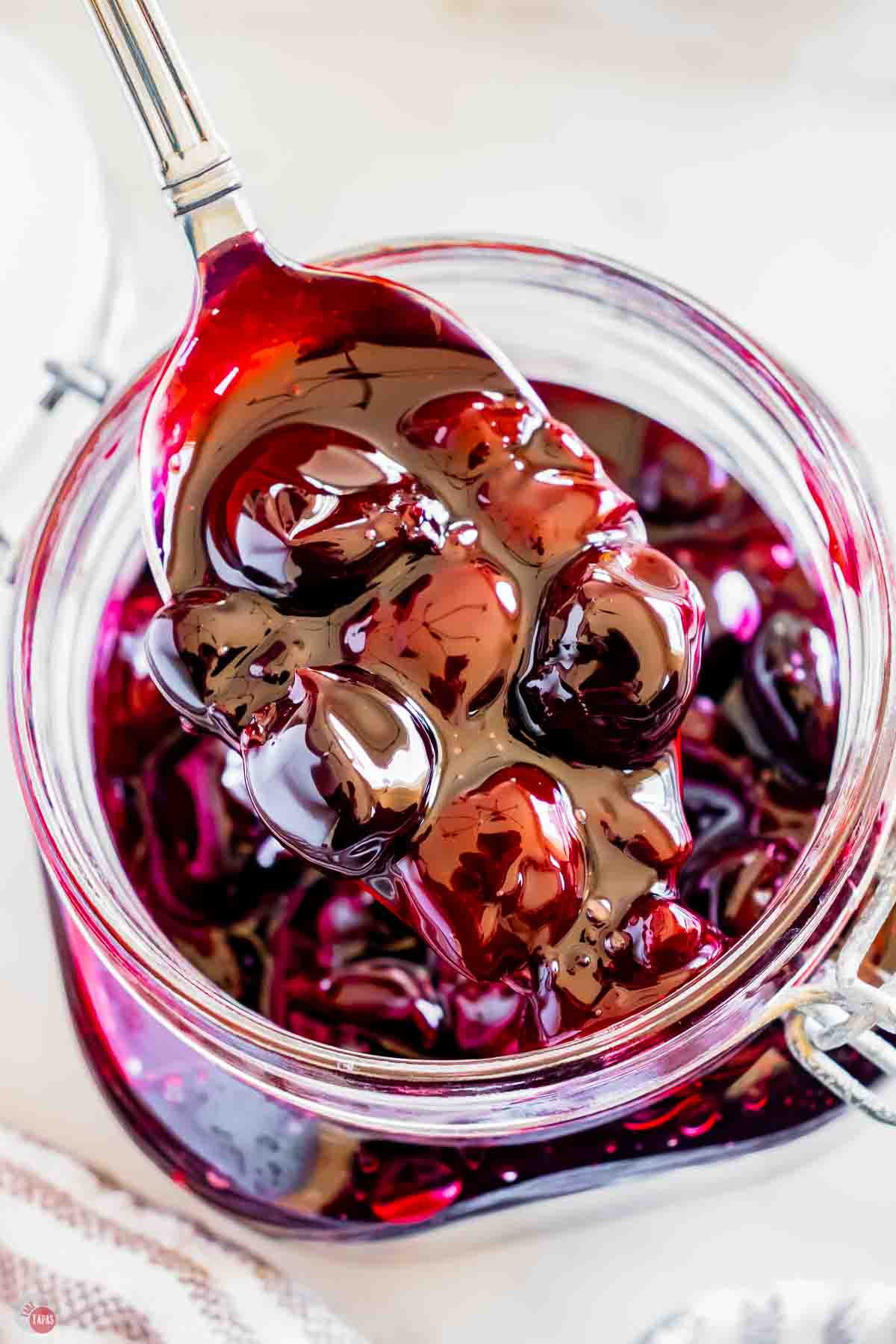 jar of pie filling with a spoon in it