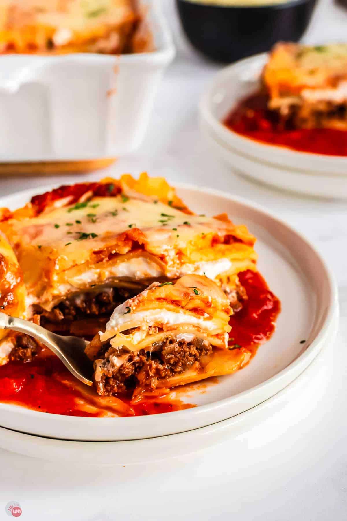 plate with a portion of lasagna and extra sauce on it