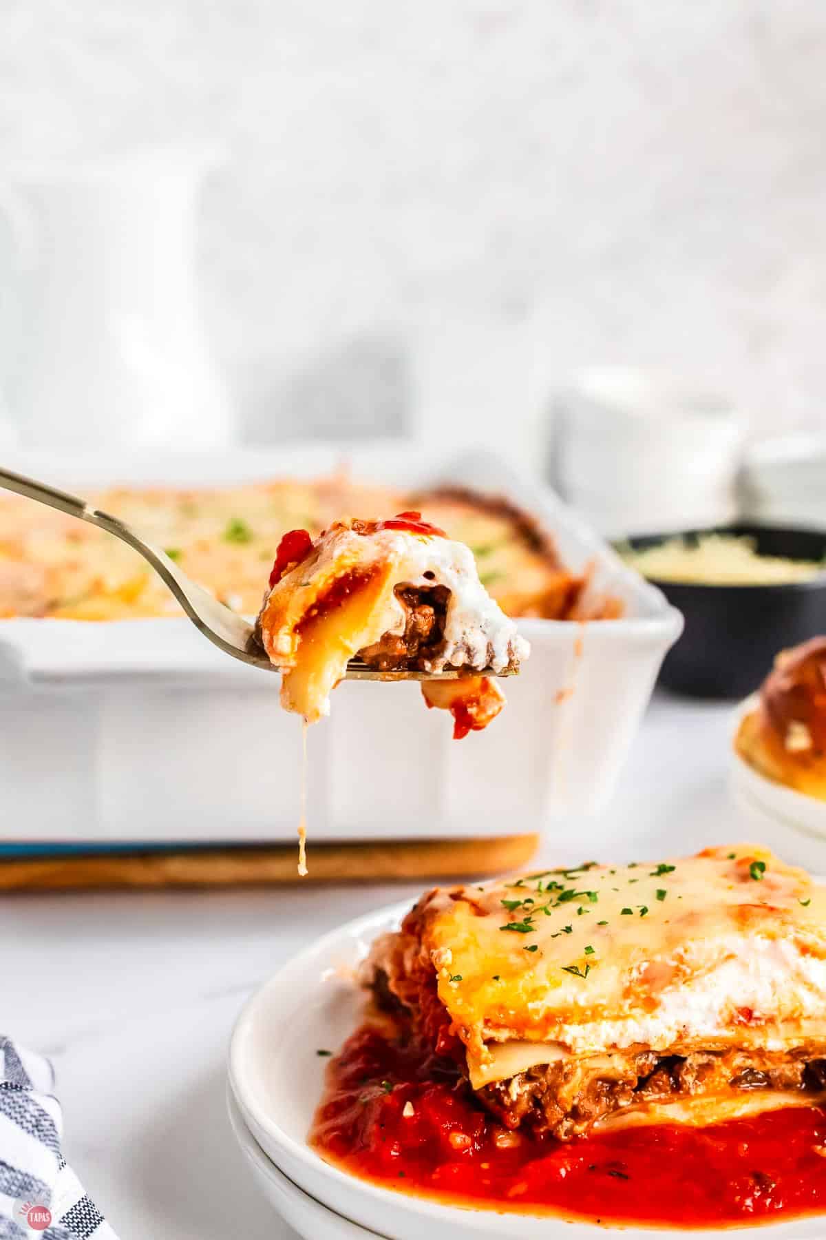 fork with bite of pasta and sauce