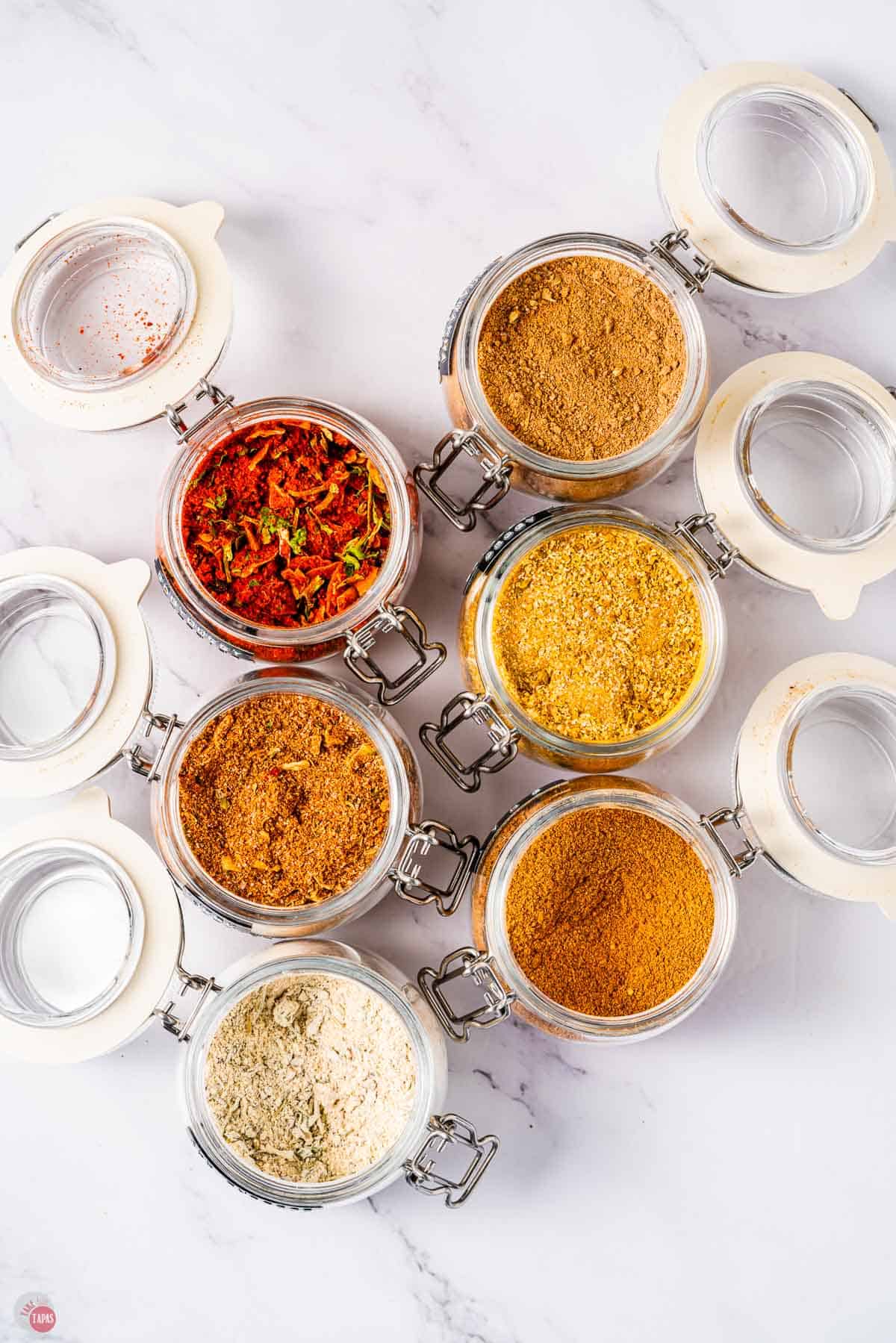 overhead of jars of spices