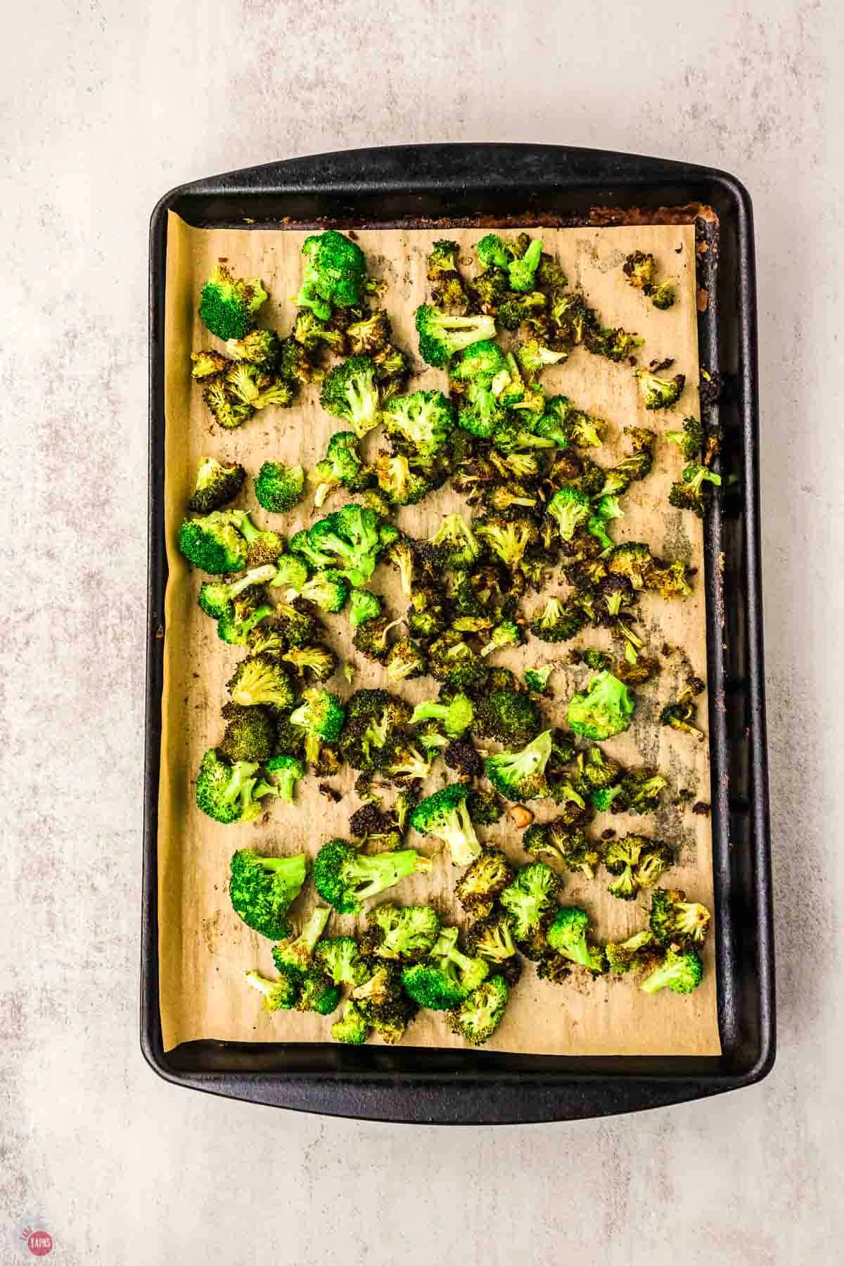 baking sheet with roasted broccoli