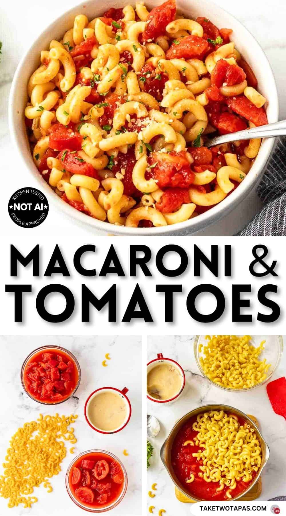 Pinterest pin image for an old fashioned macaroni and tomatoes recipe