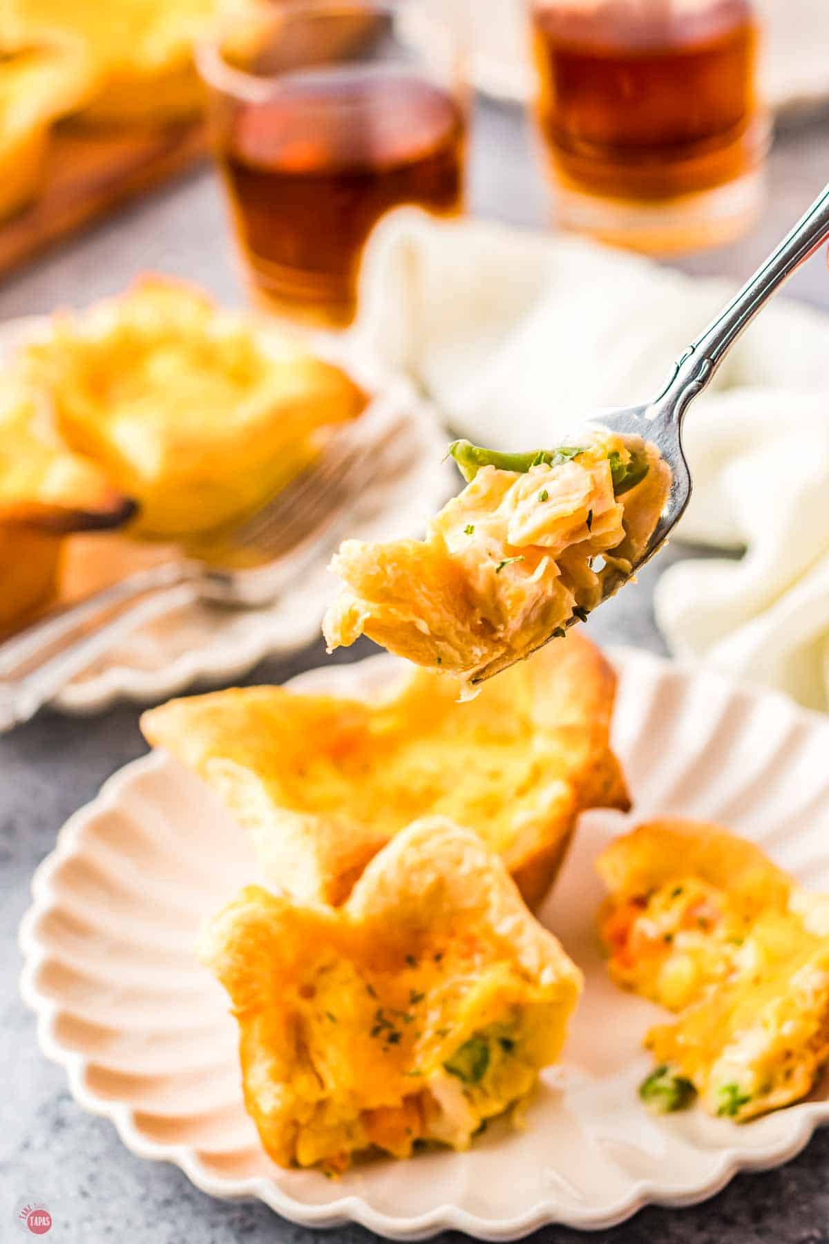 fork with bite of chicken pot pie