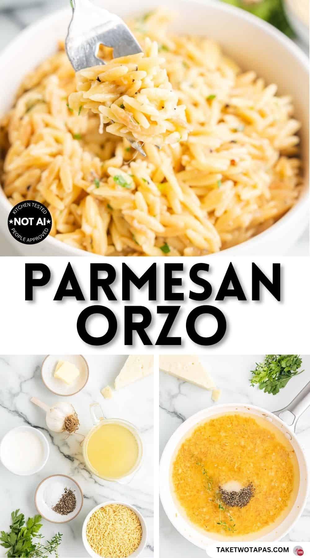 Pinterest pin image for a parmesan orzo recipe
