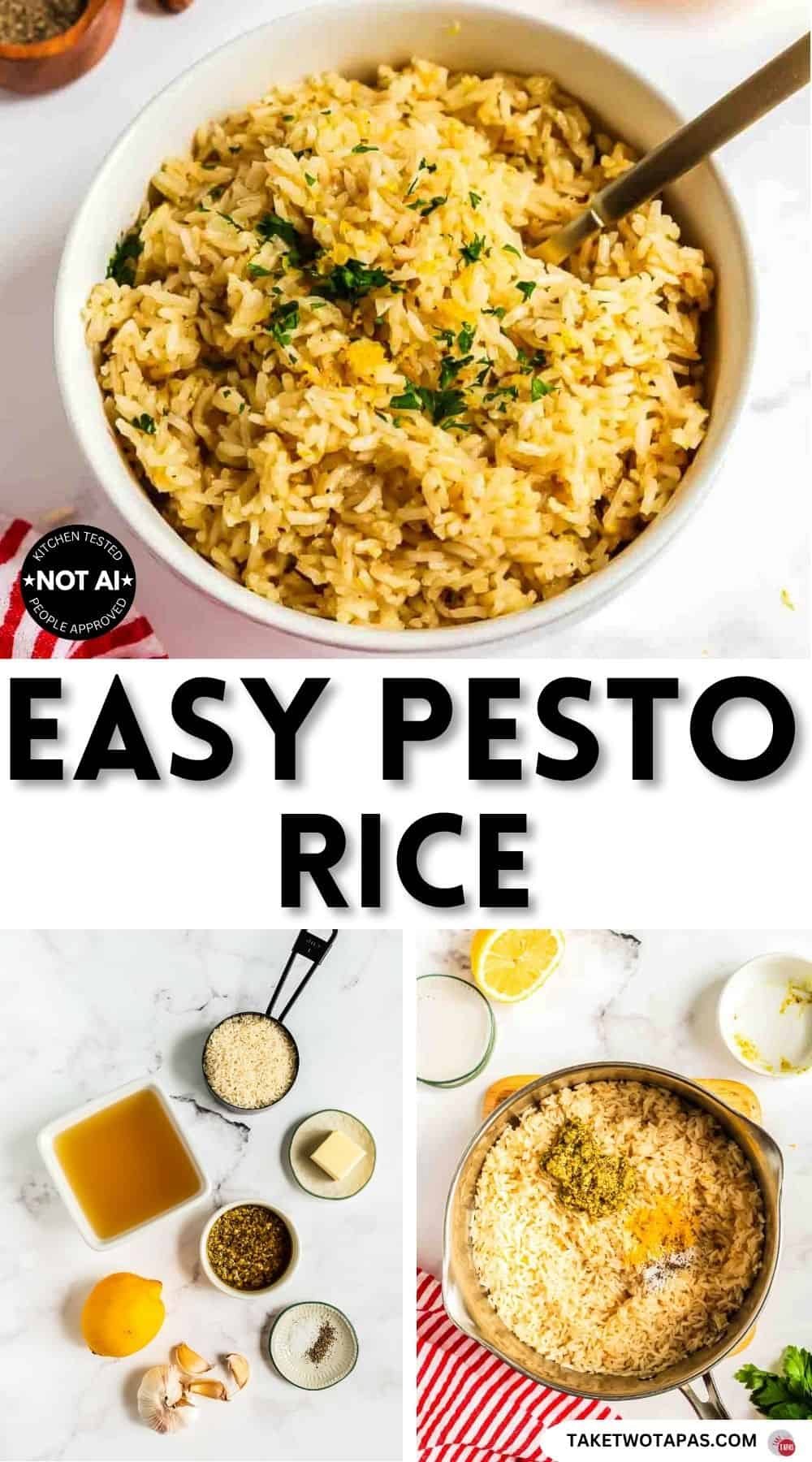 Pinterest pin image for an easy pesto rice recipe