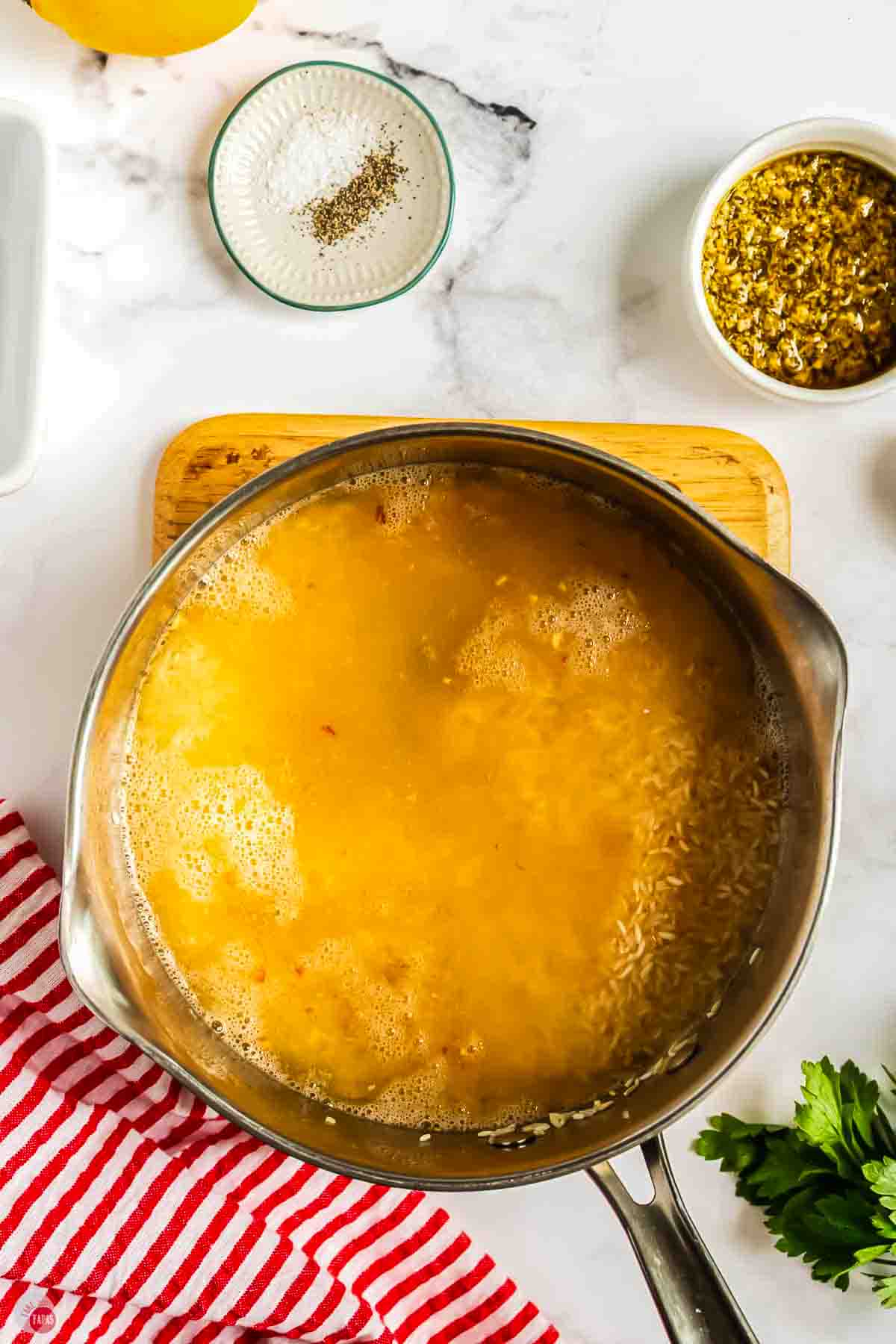 rice and broth in a pot