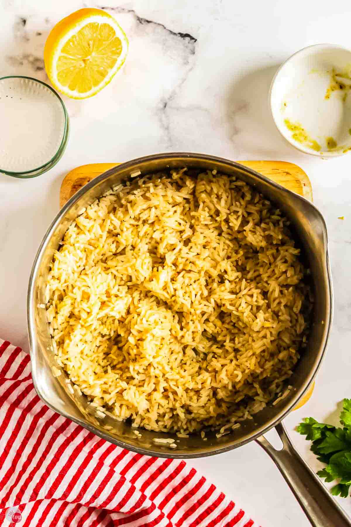pot with pesto rice in it