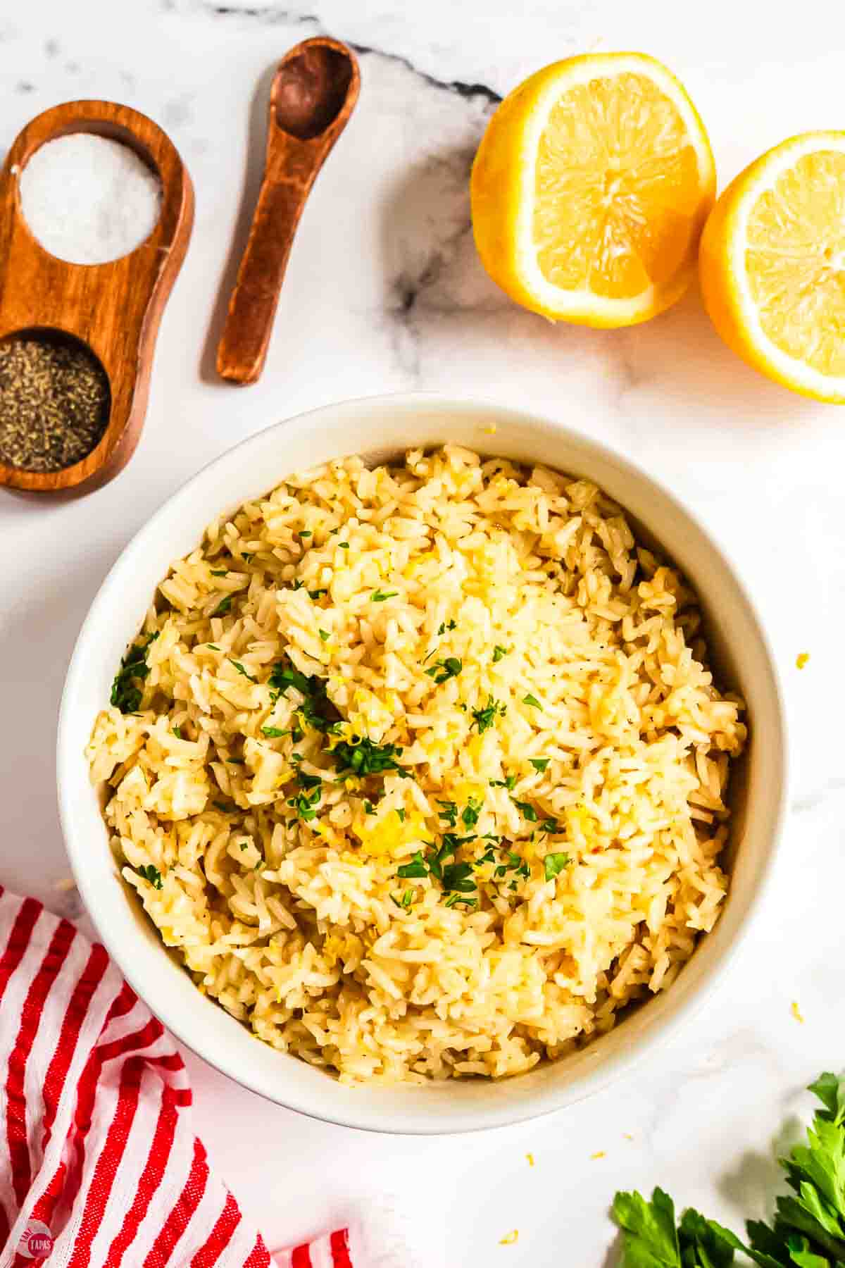 bowl of rice with lemon and pesto