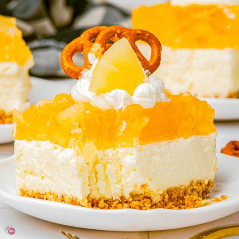 slice of pineapple pretzel salad with a bite missing