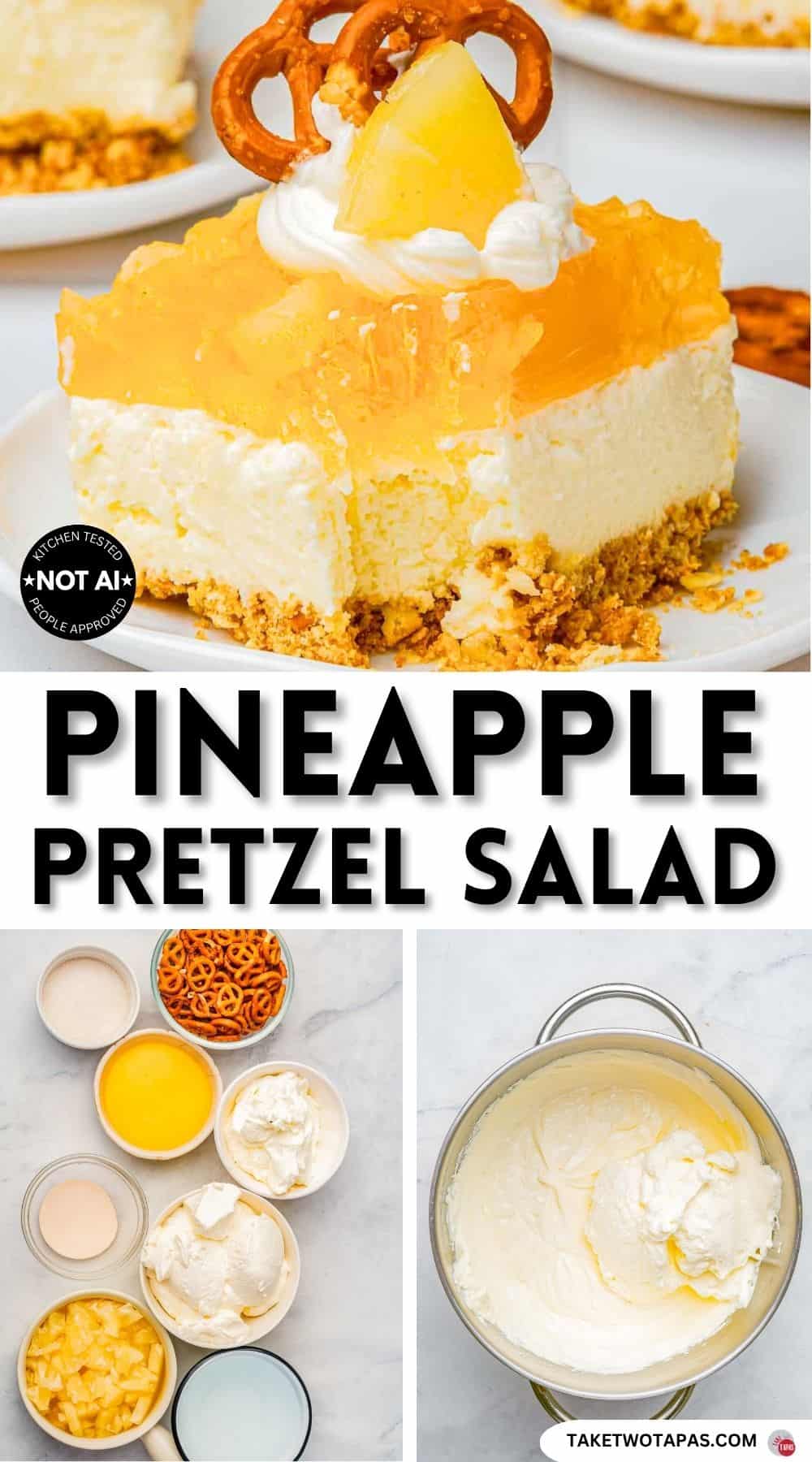 Pinterest pin image for a pineapple pretzel salad recipe