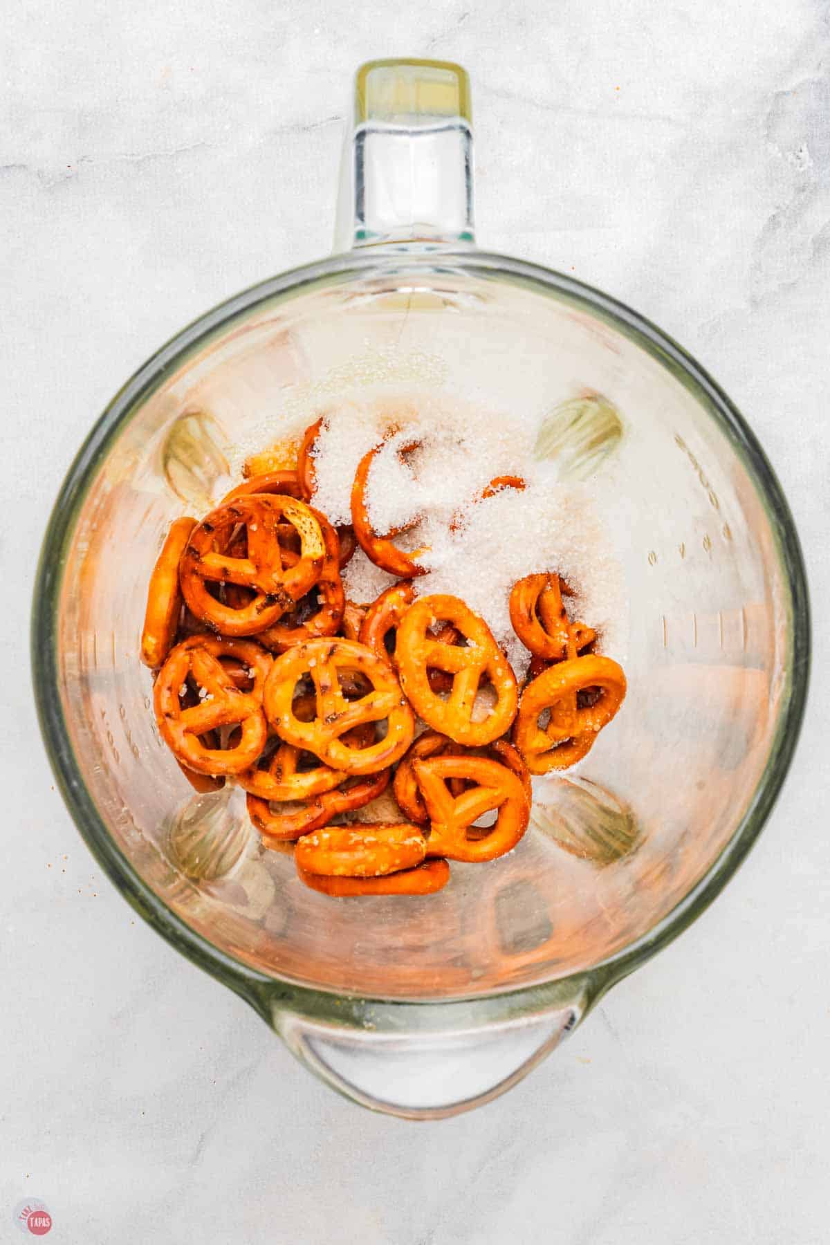 pretzels and sugar in a food processor