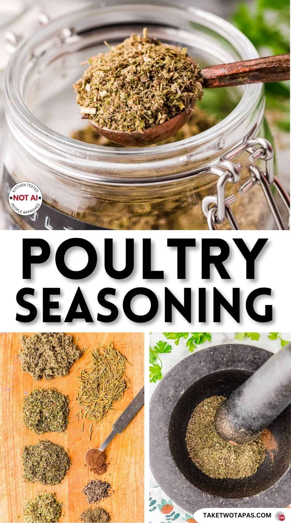 Pinterest pin image for a homemade poultry seasoning recipe