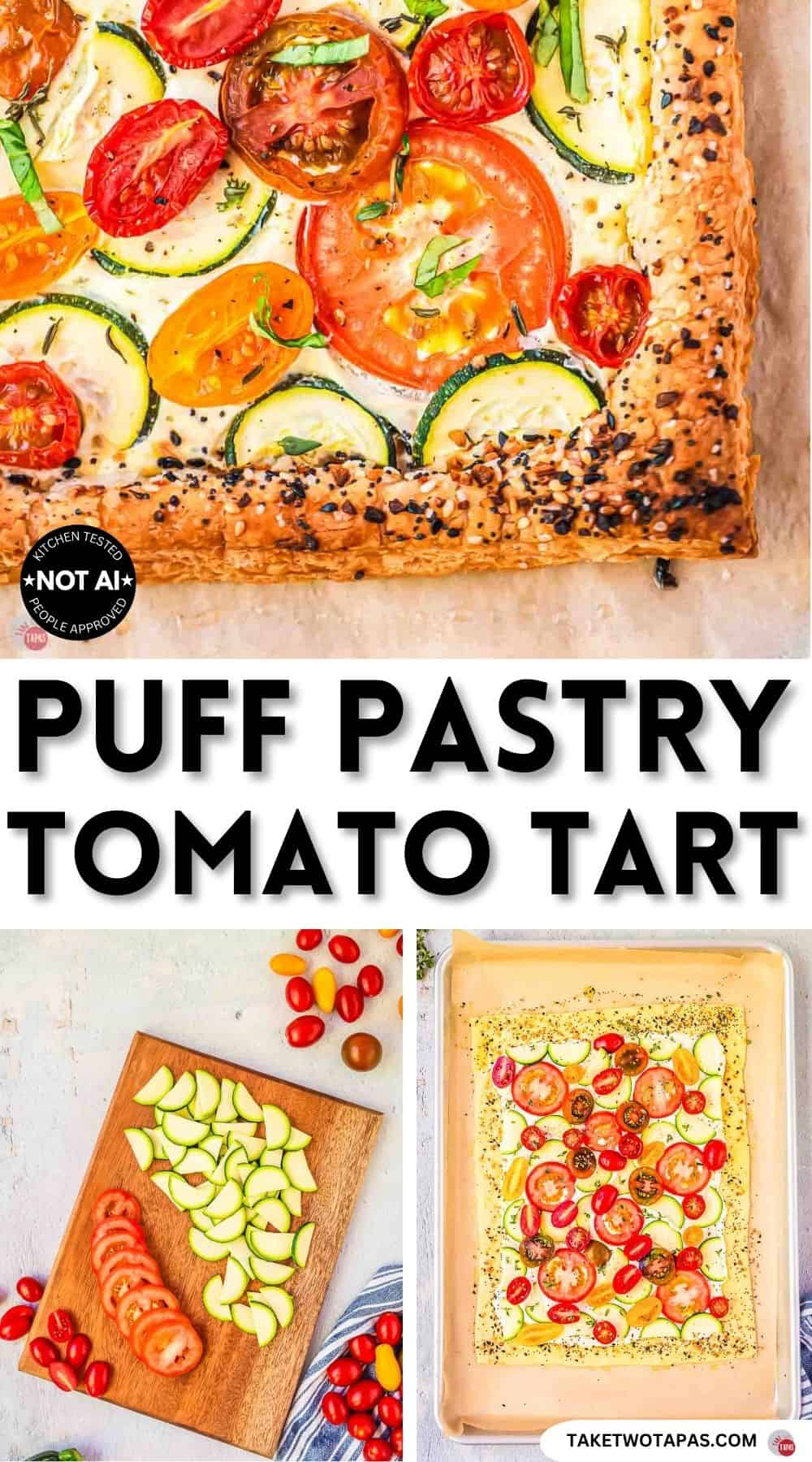 Pinterest pin image for a puff patry tomato tart recipe
