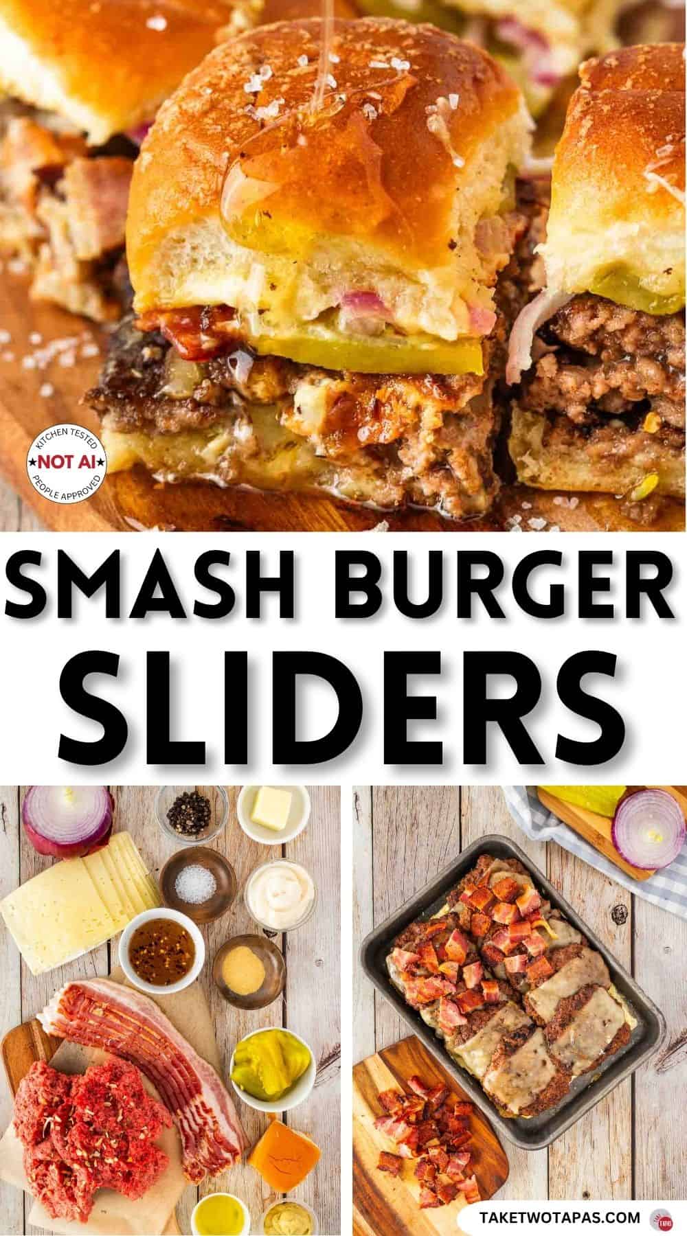 Pinterest pin image for a hot honey bacon smash burger sliders recipe
