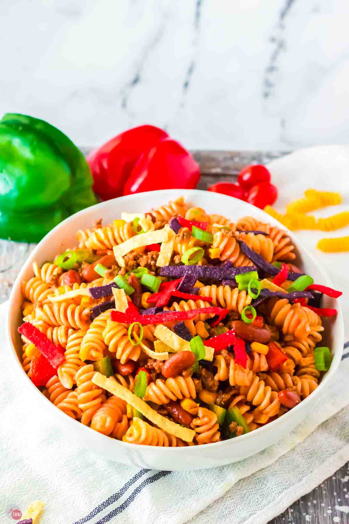 bowl of pasta salad with taco flavors
