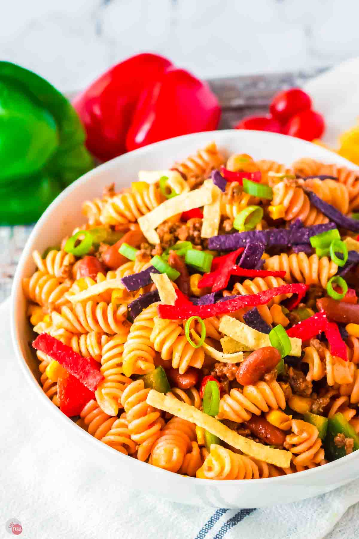 bowl of colorful taco pasta salad