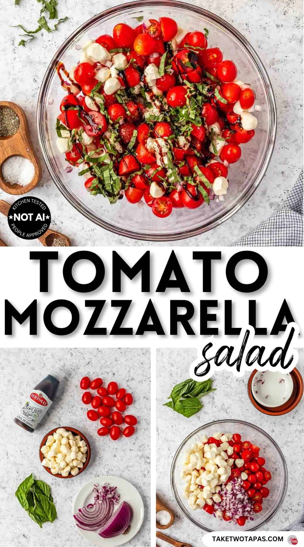 Pinterest pin image for a tomato mozzarella salad recipe