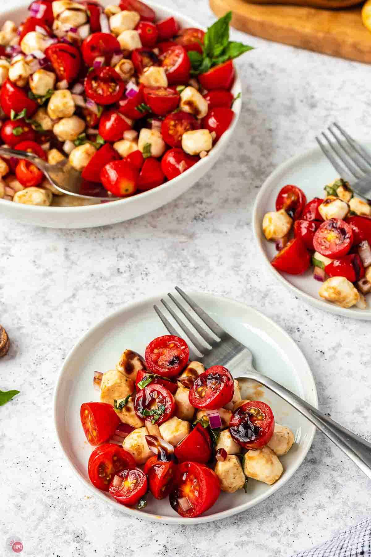 small plate with tomatoes and mozzarella balls on it