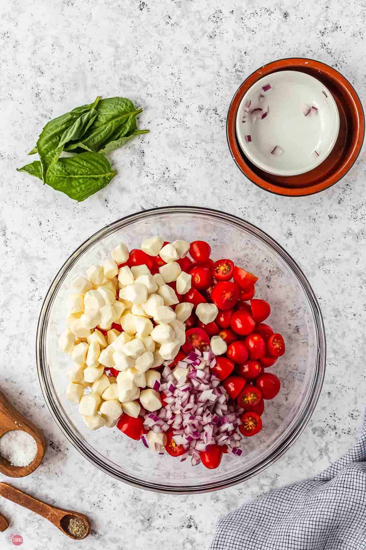 bowl of tomatoes, cheese, and diced red onion
