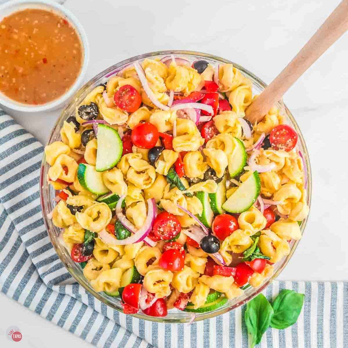 bowl of cheese tortellini pasta salad