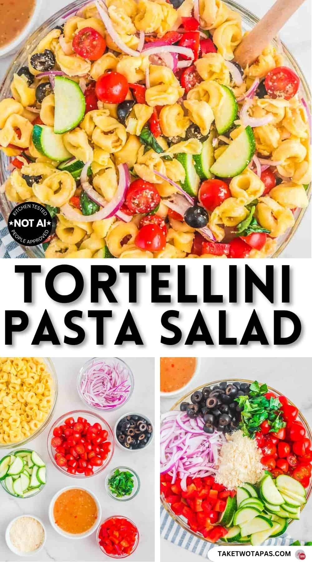 Pinterest pin image for a tortellini pasta salad recipe