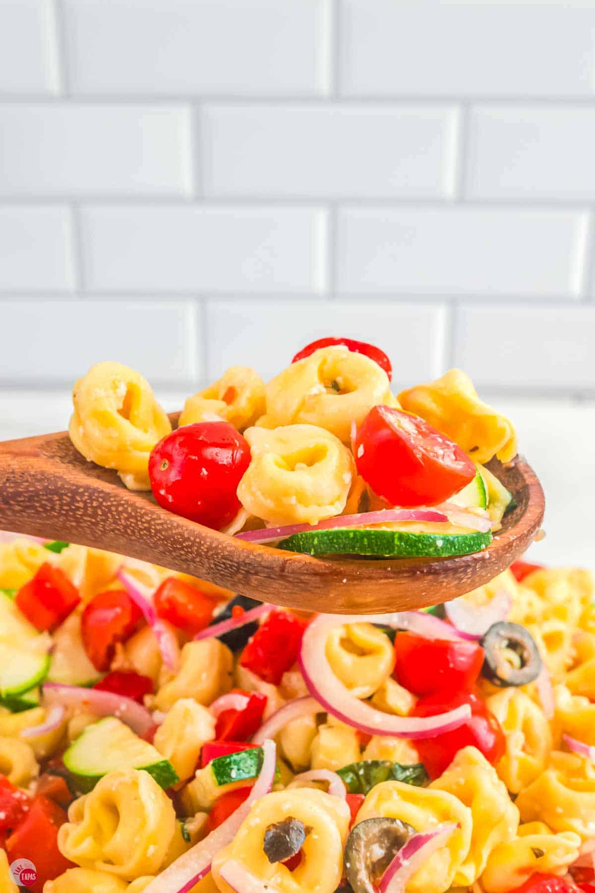 spoon of tortellini pasta with cherry tomatoes