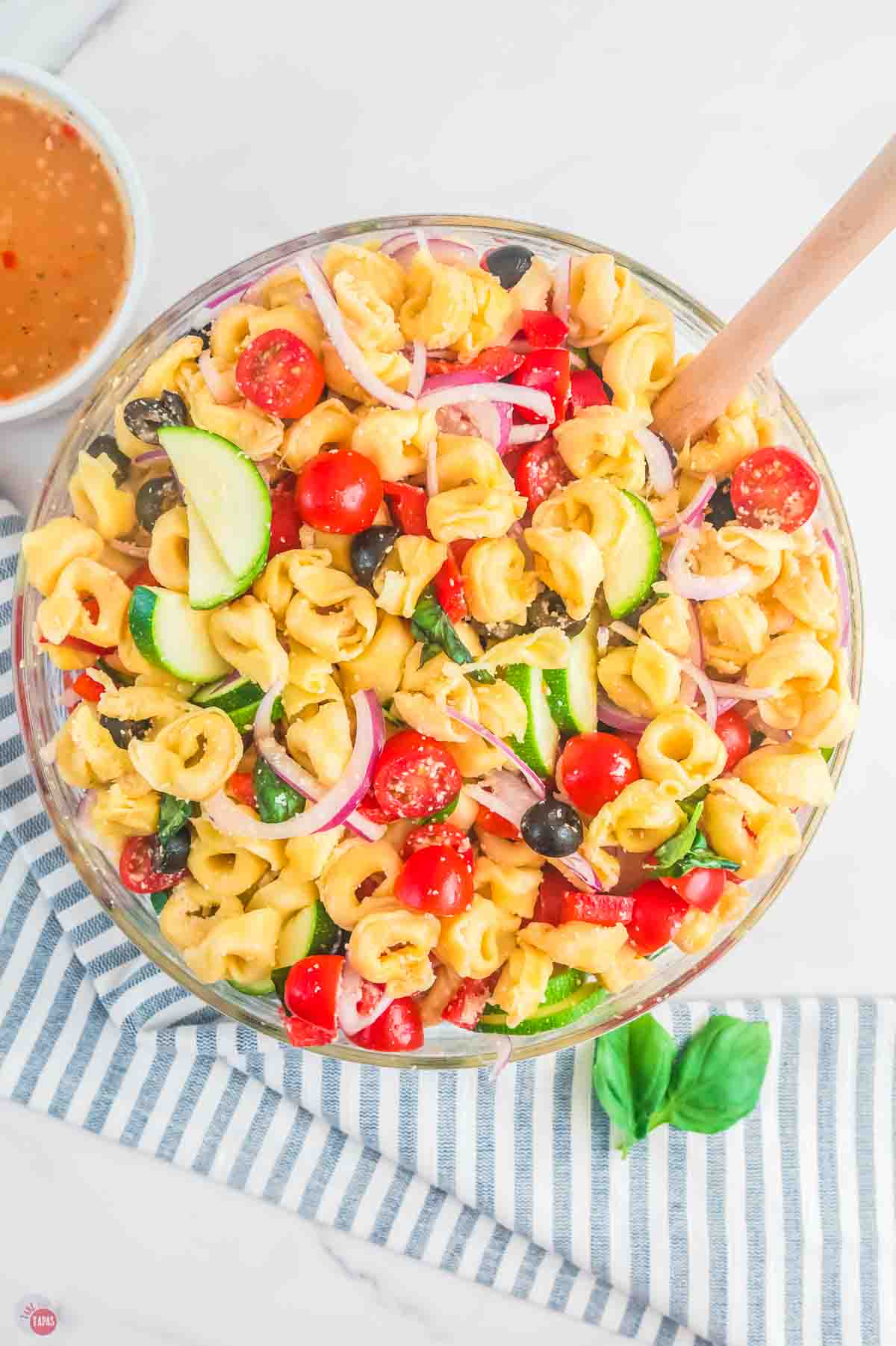 big bowl of tortellini pasta salad