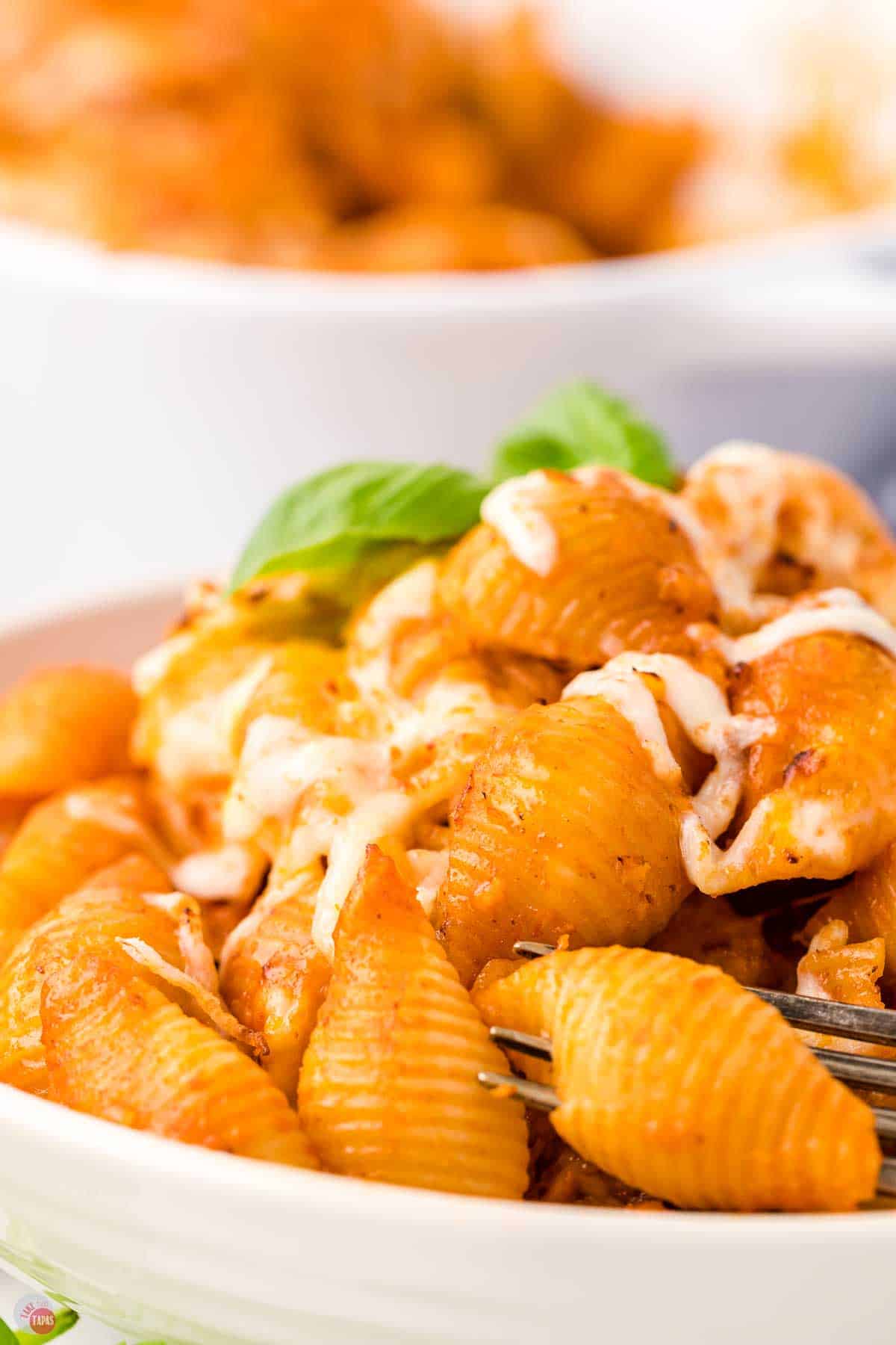 close up of meaty and cheesy pasta casserole