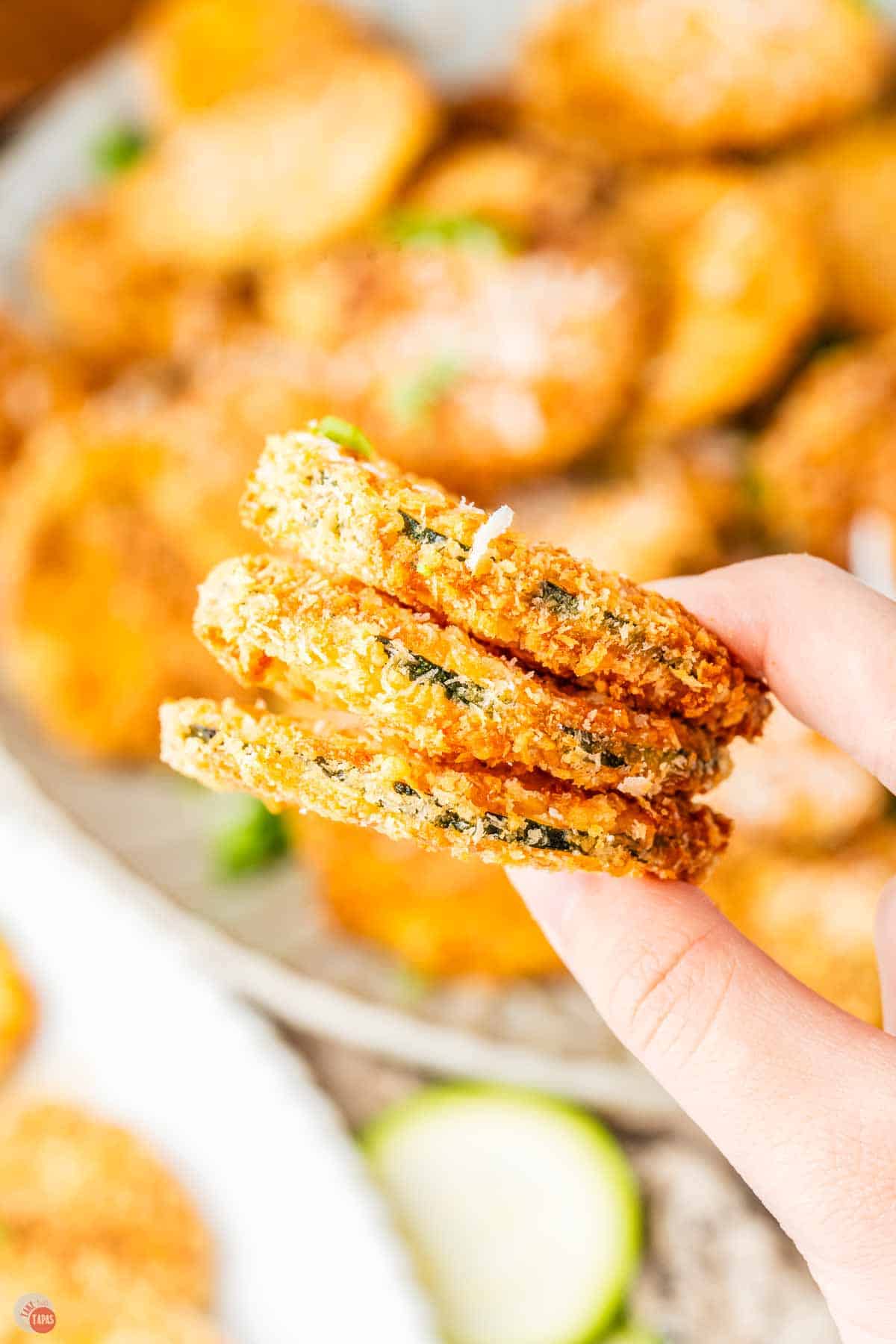 hand holding a stack of 3 fried chips