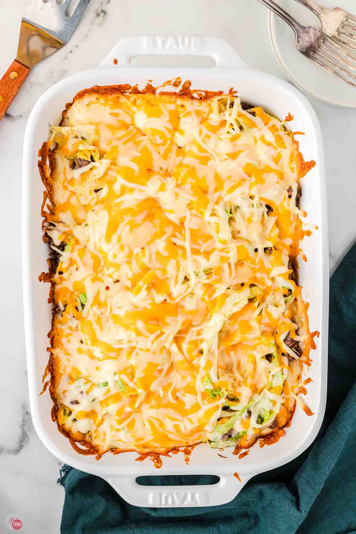 baked Big Boy casserole in a white rectangle dish