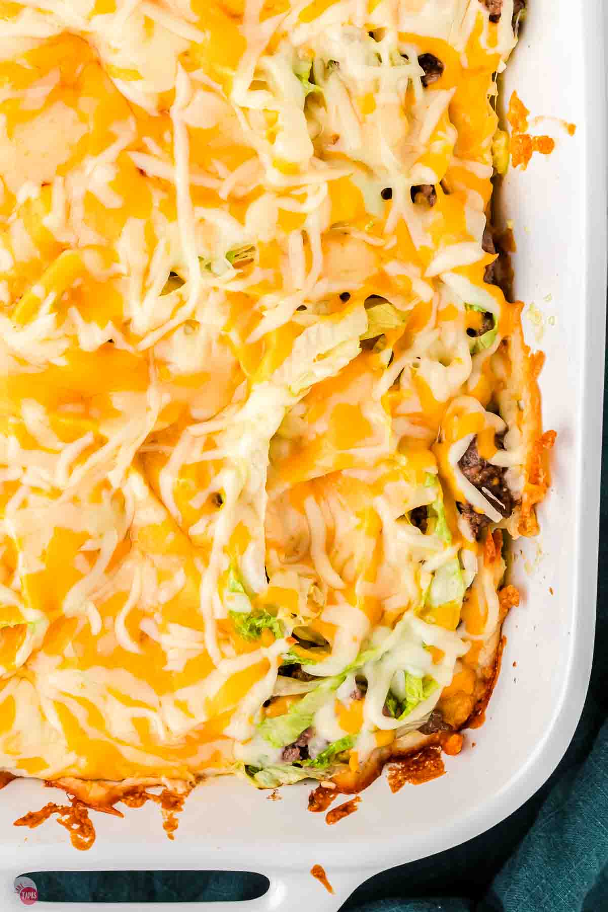 close up of corner of a baked casserole