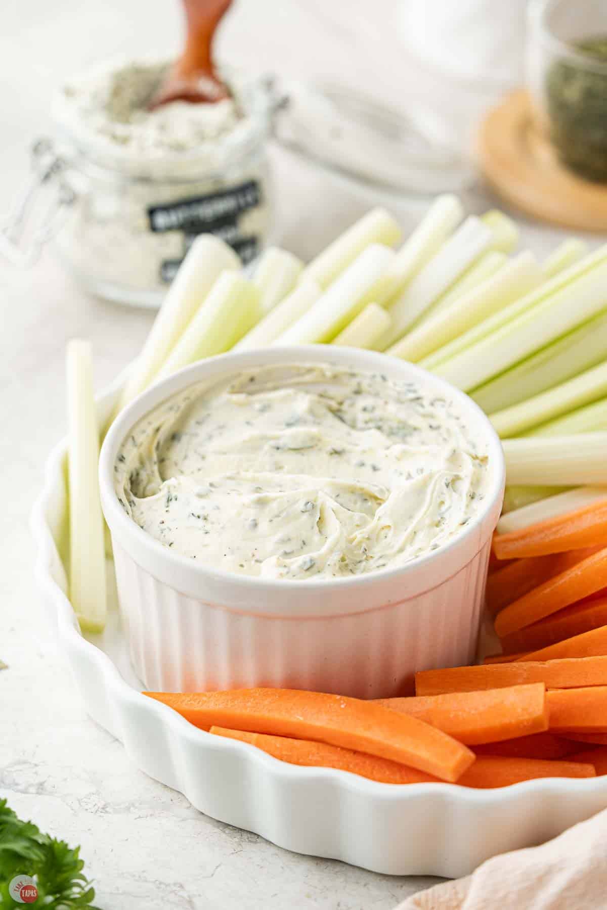 small white bowl of buttermilk ranch dip