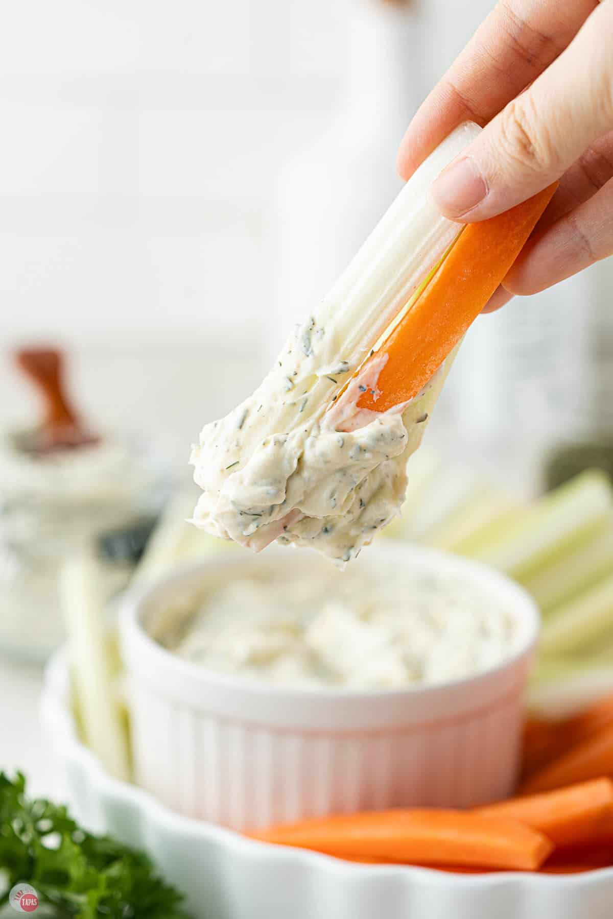 buttermilk ranch dip on a carrot stick