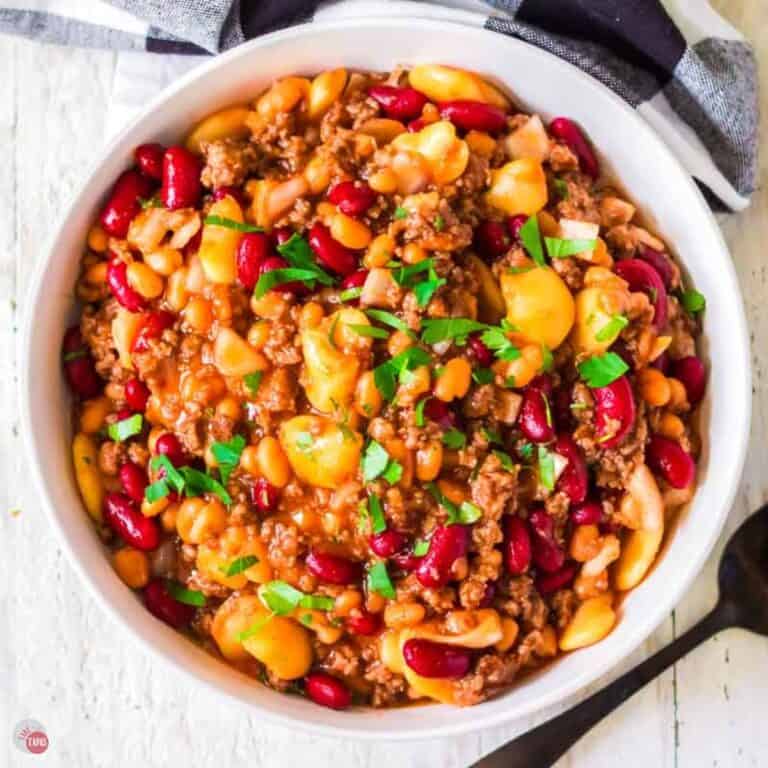 bowl of slow cooker calico beans