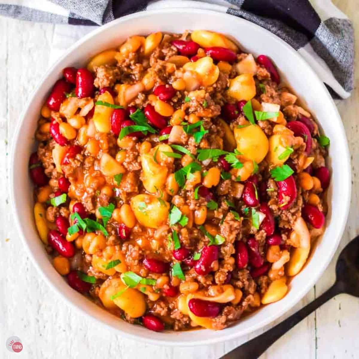 bowl of slow cooker calico beans