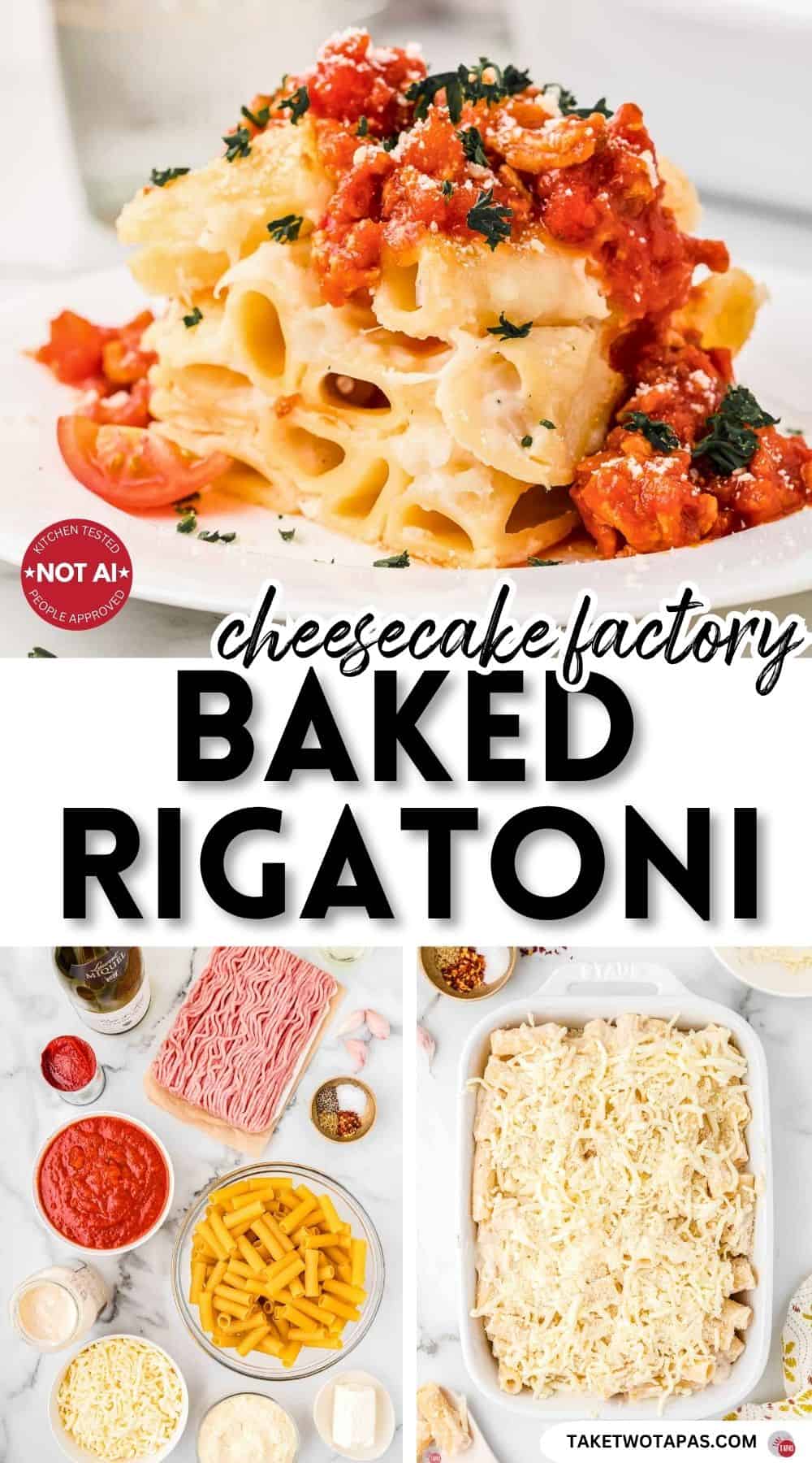 Pinterest pin image for a copycat cheesecake factory baked rigatoni recipe