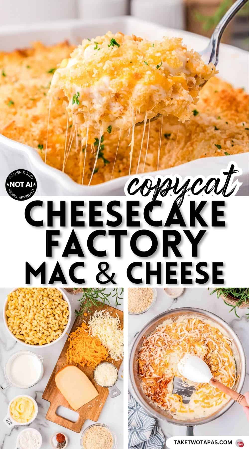 Pinterest pin image for a copycat cheesecake factory mac and cheese recipe