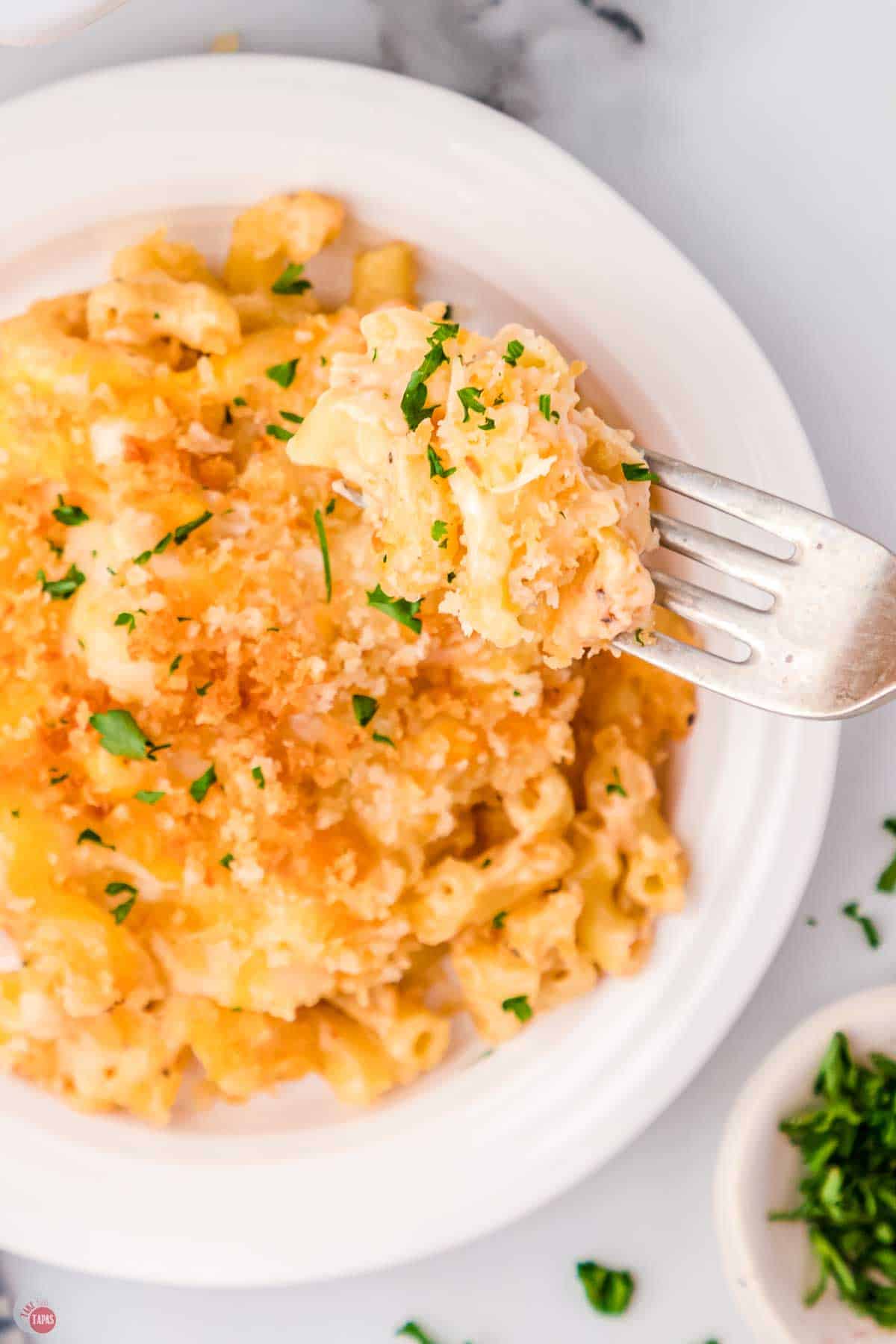 close up of bowl of Chick Fil A mac and cheese with a fork taking a bite out of it