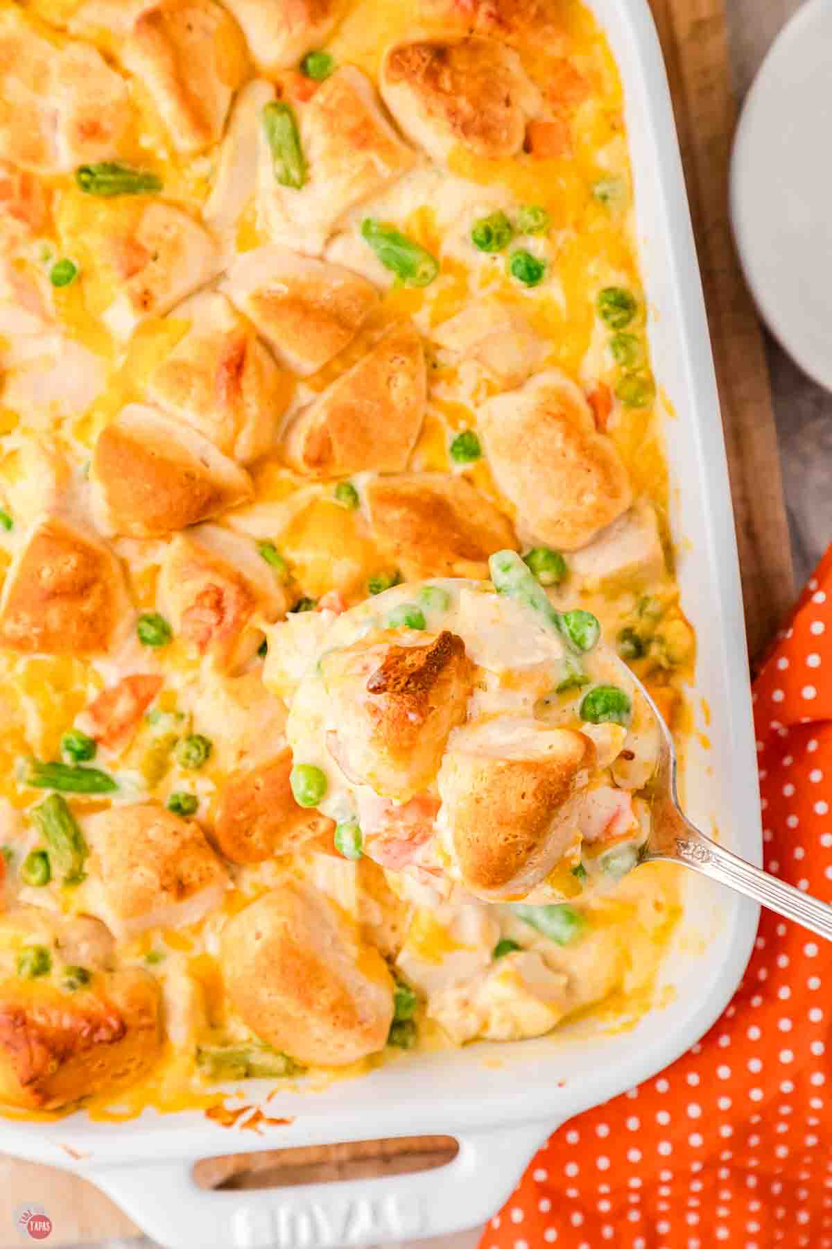 casserole with chicken and biscuits and spoon scooping some out