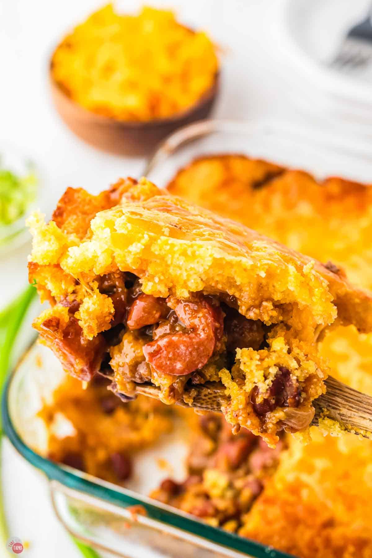 scoop of chili dog casserole